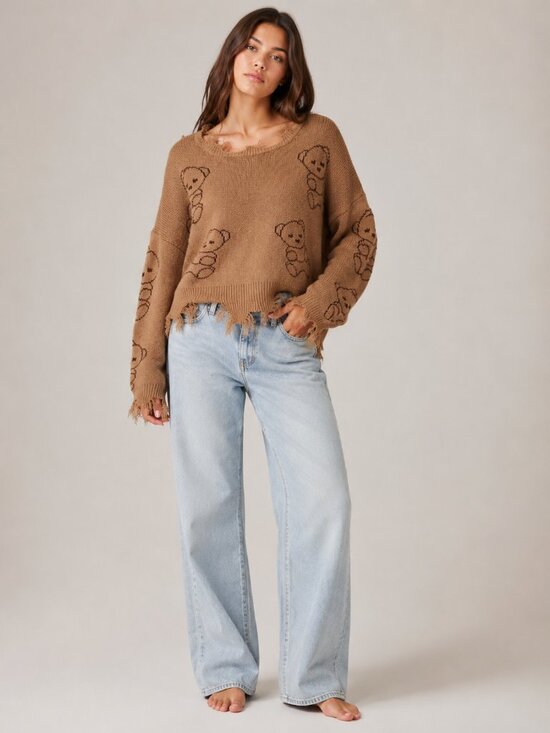 Sweaters - Just Polly New York Teddy Bear Distressed Knit Sweater Tan Brown Frayed Hem Size
